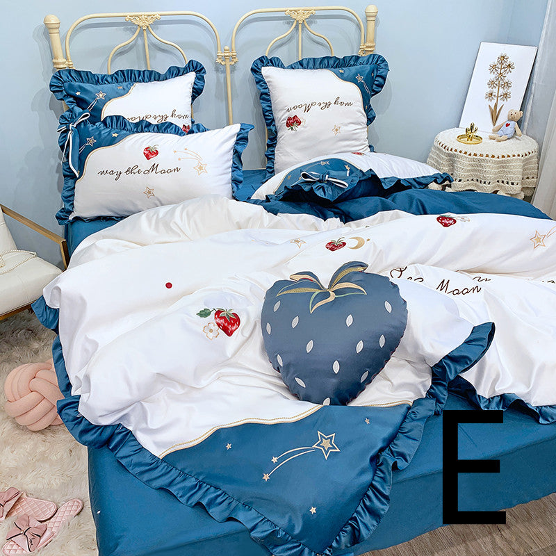 Strawberry Embroidery Cotton Four-Piece Cotton Bedding Silk Duvet Cover Pi-Mart