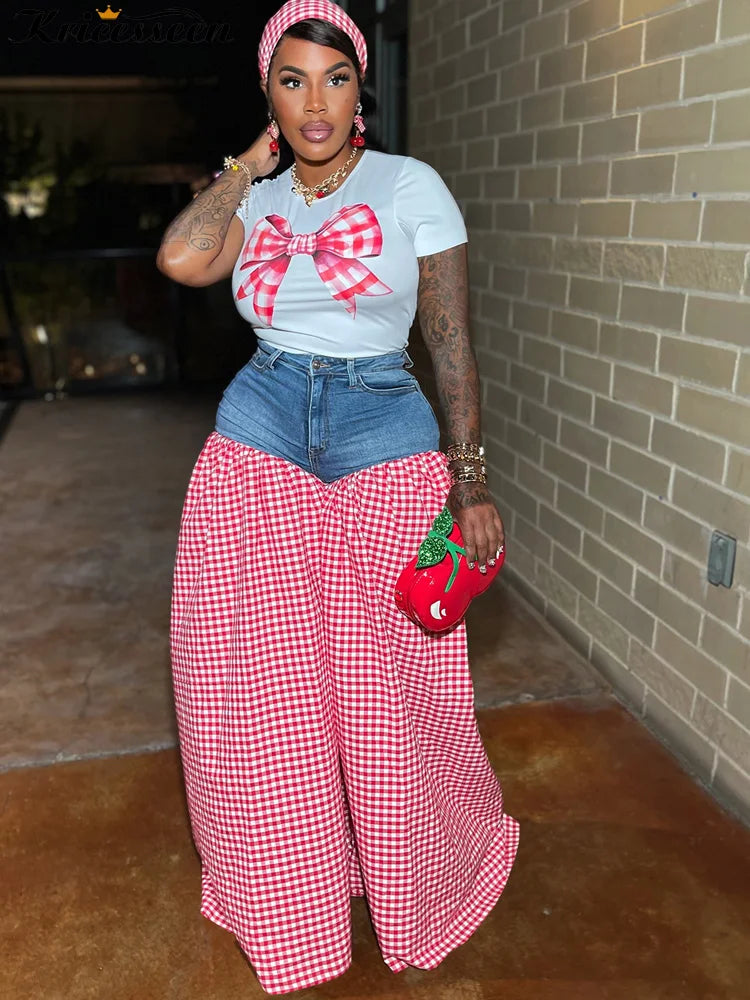 Kricesseen Women Bow Tie Shirt Top And Plaid Print Wide Leg Pant Set 2 Piece Outfits Fashion Patchwork Tracksuits Set Clubwear Purplish Diva