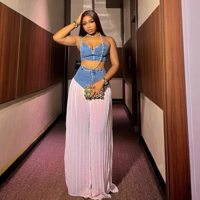 2 Piece Sets Women Sexy Denim Camisole Wide Leg Pants Patchwork Folds Slip Vest Floor Length Suit 2025 Summer Casual Outfits Purplish Diva