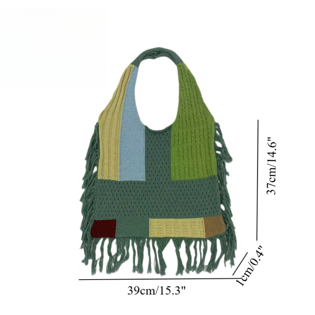 Tassel bag women, splicing knitted shoulder bag, simple and versatile retro knitted bag hobo - SJB-DIAMOND ELITES