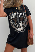 Black Graphic Round Neck Short Sleeve Tee Dress Trendy Casual T-Shirt Dress for Women Stevvex