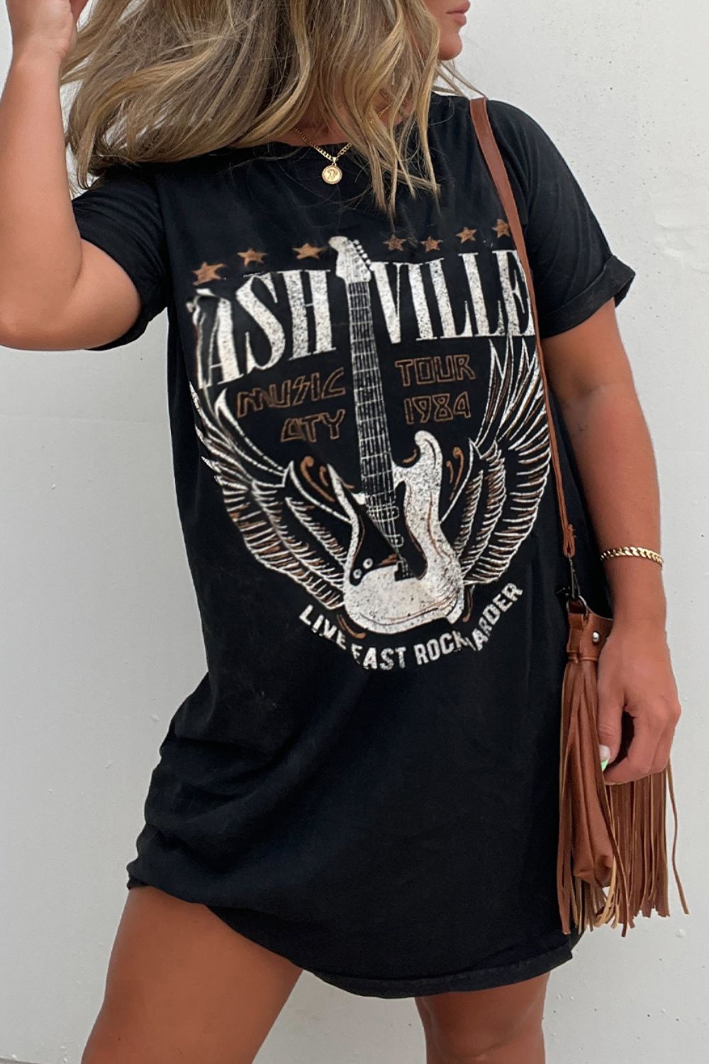 Black Graphic Round Neck Short Sleeve Tee Dress Trendy Casual T-Shirt Dress for Women Stevvex