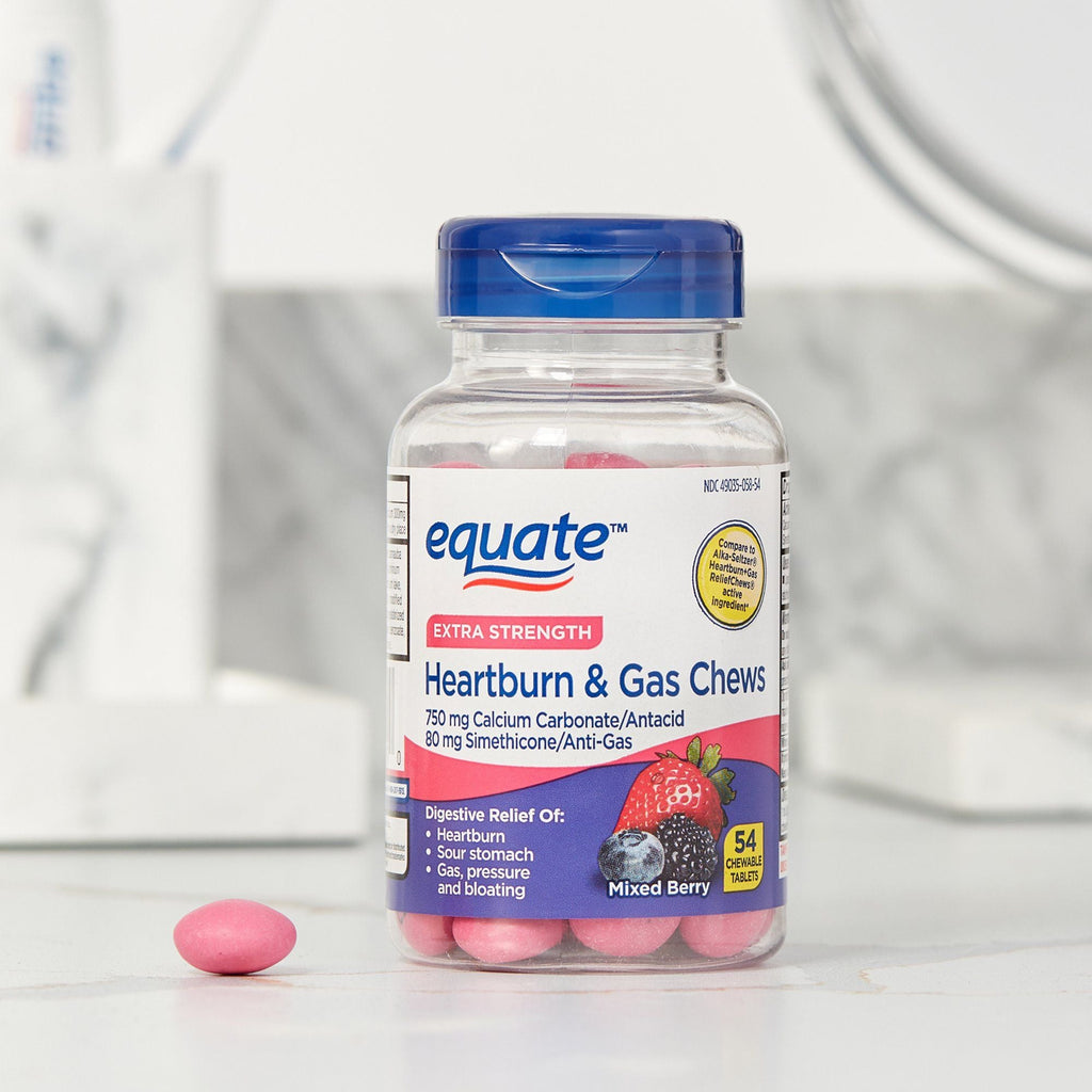 Equate Extra Strength Heartburn Relief and Gas Relief Chews; Mixed Berry; 54 Count