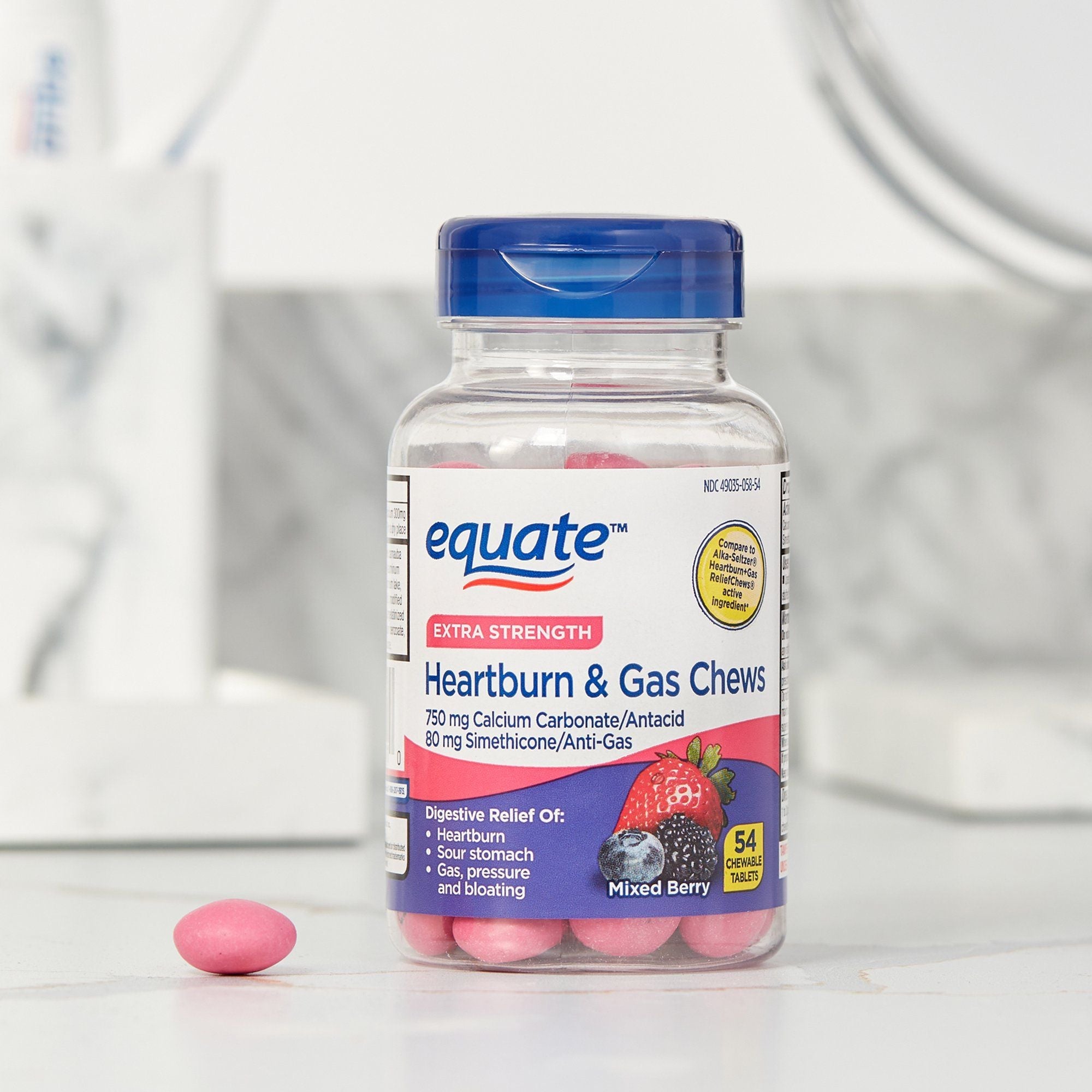 Equate Extra Strength Heartburn Relief and Gas Relief Chews; Mixed Berry; 54 Count