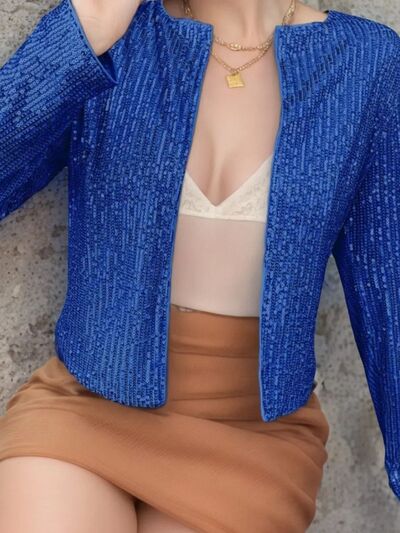 Elegant Women Full-Size Sequin Open Front Cropped Jacket With Glamorous Sparkle Luxury Women Party Jacket Stevvex