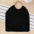 Popula Cotton Rope Hollow Straw Bag Sheer Macrame Tote wooden ring rattan handle Net Bag Vintage Retro Chic handbag Pi-Mart
