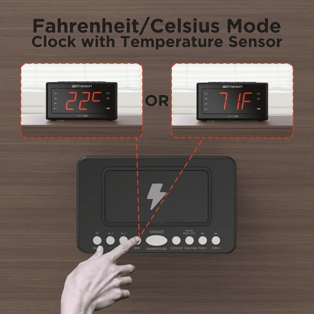 Emerson SmartSet Wireless Charging, Dual Alarm Clock Radio, 1.4' Red LED Display, Temperature Sensor, CKSW0555