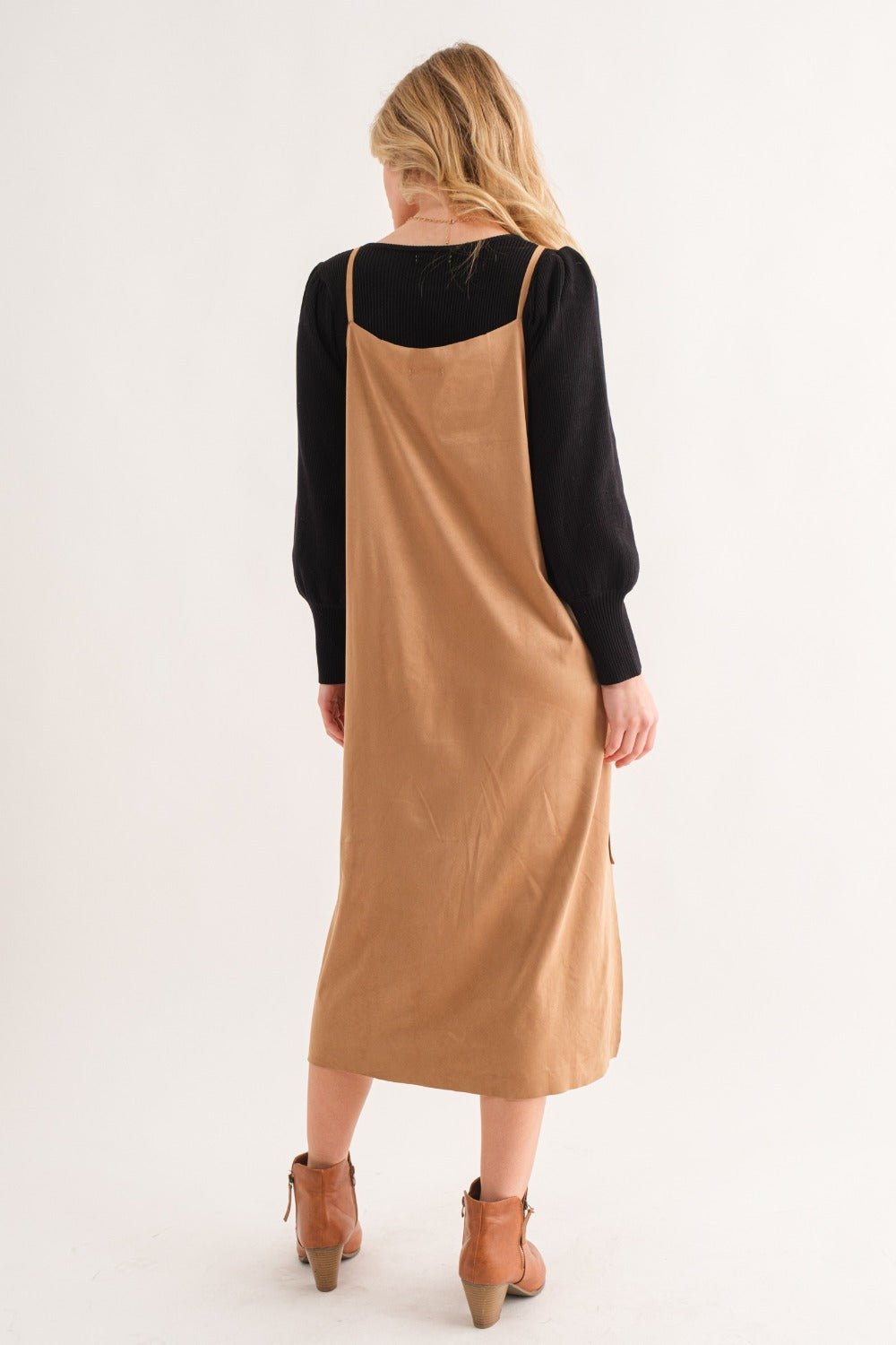 Faux Suede Cut Edge Slit Cami Midi Dress – Elegant Midi Dress, Faux Suede Dress, Chic Slit Dress, Sophisticated Dress, Versatile Cami Dress Stevvex