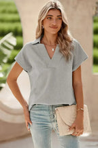 White Textured V Neck Collared Split Hem T Shirt