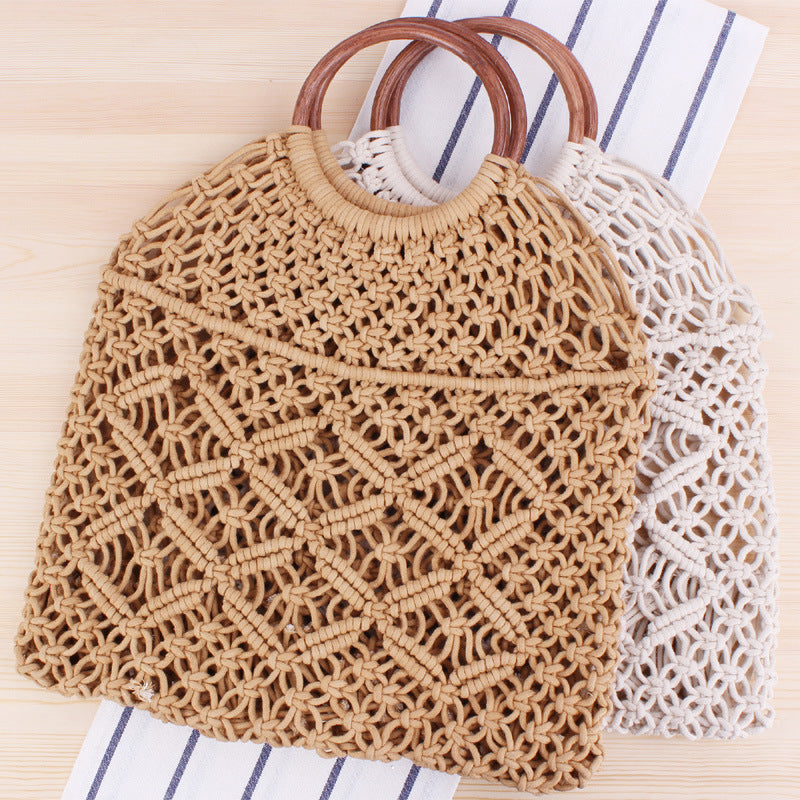 Popula Cotton Rope Hollow Straw Bag Sheer Macrame Tote wooden ring rattan handle Net Bag Vintage Retro Chic handbag Pi-Mart