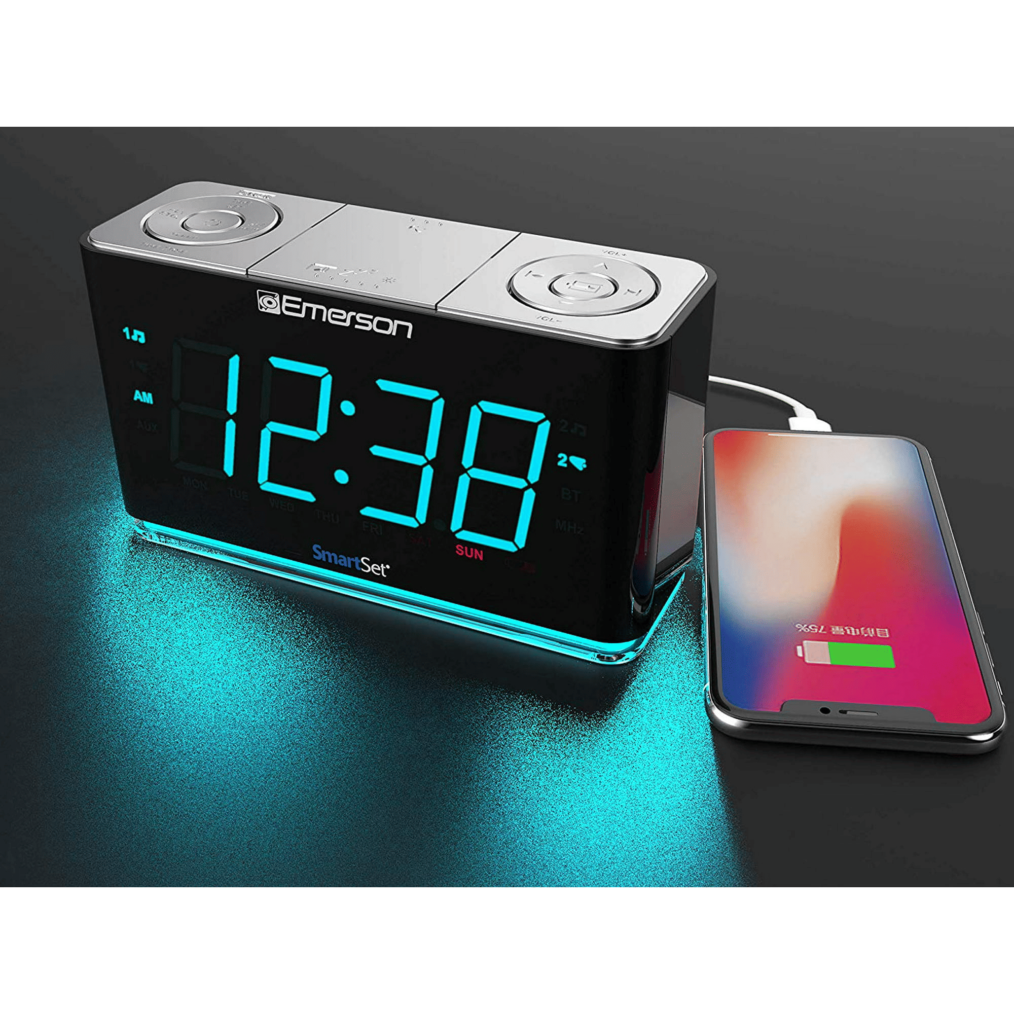 Emerson SmartSet Alarm Clock Radio with Bluetooth Speaker, USB Charger for iPhone and Android, Night Light, and Cyan LED Display EasyOptionXY LLC