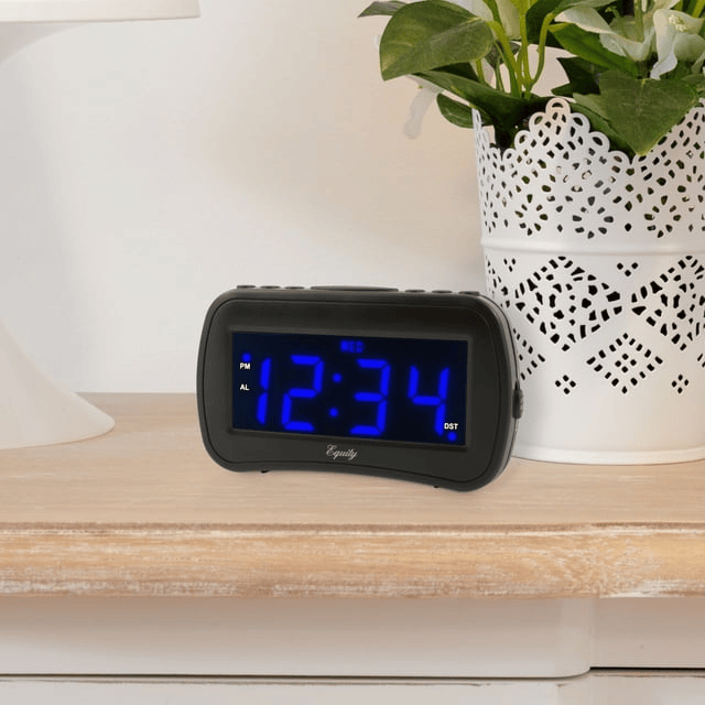 Equity 1.4 inch Day of Week Insta-Set Black LCD Alarm Clock, 30022