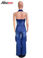 Mlaiscsr Women Clothing Blue Denim One Piece Jumpsuit Halter Backless Sleeveless Straight Jean Overalls Cargo Pants Rompers  New Purplish Diva