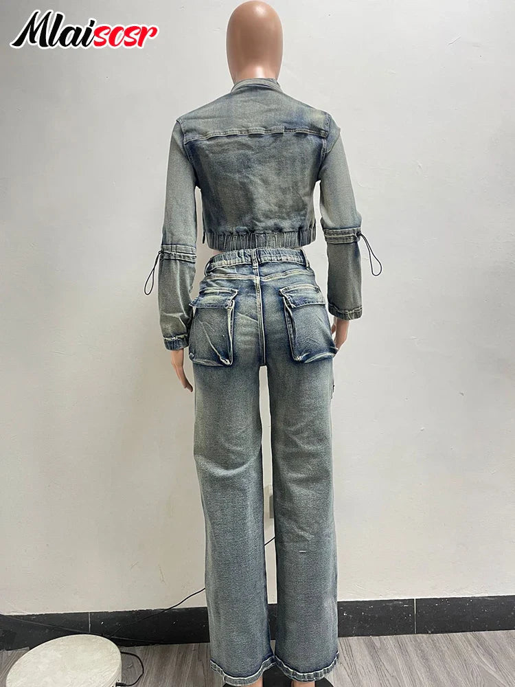 Mlaiscsr Vintage Stretch Denim 2 Piece Pants Sets Women Zip Slim Jackets and Pocket Cargo Jeans Outfit Streetwear Winter Suits Purplish Diva