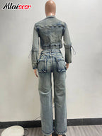 Mlaiscsr Vintage Stretch Denim 2 Piece Pants Sets Women Zip Slim Jackets and Pocket Cargo Jeans Outfit Streetwear Winter Suits Purplish Diva