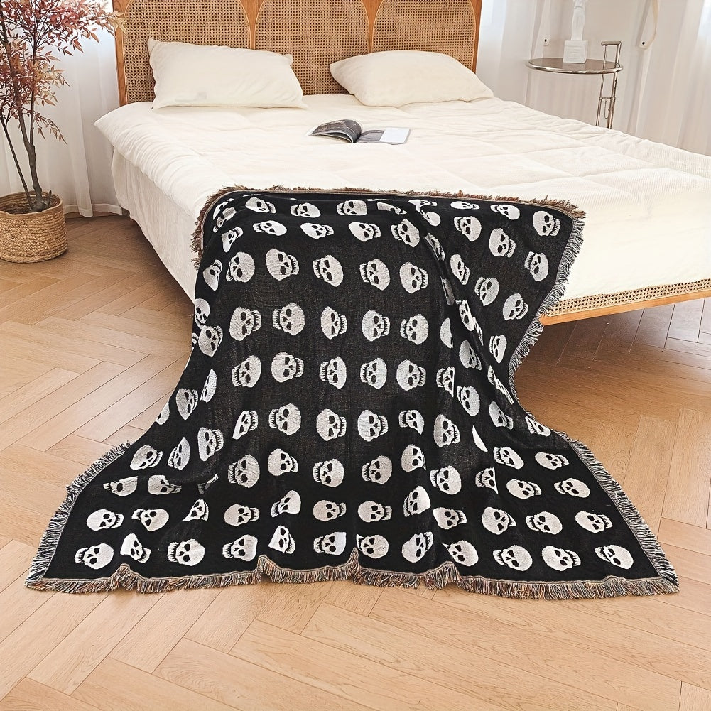 Bohemian Knitted Halloween White Skull Head Printed Tassel Blanket, Suitable For Camping, Casual Picnic Lootquake LLC