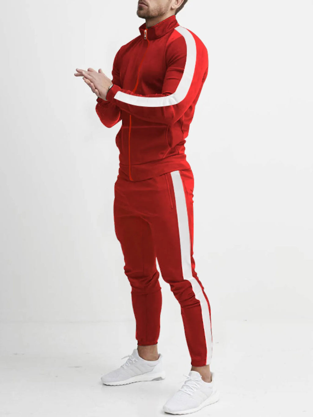 Men's Full Size Side Stripes Zip Up Top and Pants Set Plus Size