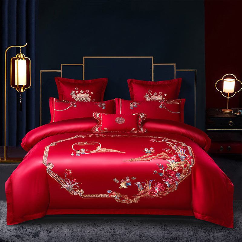 Red Wedding Four-piece Set Wholesale Cotton Wedding Embroidery Bedding Pure Cotton Marriage Bed Xi Quilt Cover Dragon And Phoenix Pi-Mart