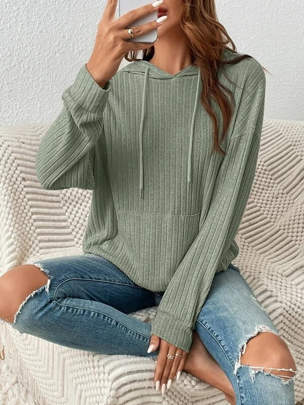 Fashion Drawstring Long-sleeved Hooded Sweatshirt With Pockets Solid Sunken Stripe Hoodie Knitwear Womens Clothing Pi-Mart