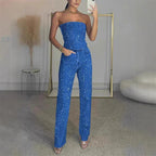 CPSYMYM Rhinestones Denim Vest Jeans Set Women Sexy Slim Sleeveless Strapless Empire Waist Zipper Pocket Pencil Trouser  Summer Purplish Diva