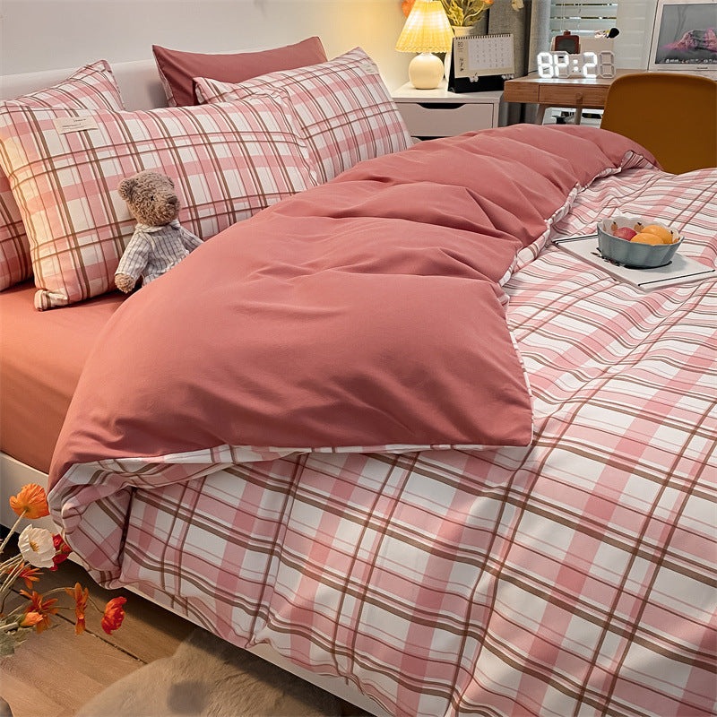 Pure Color Washed Cotton Four-piece Set Of Plaid Striped Sheets Quilt Cover Bedding Pi-Mart