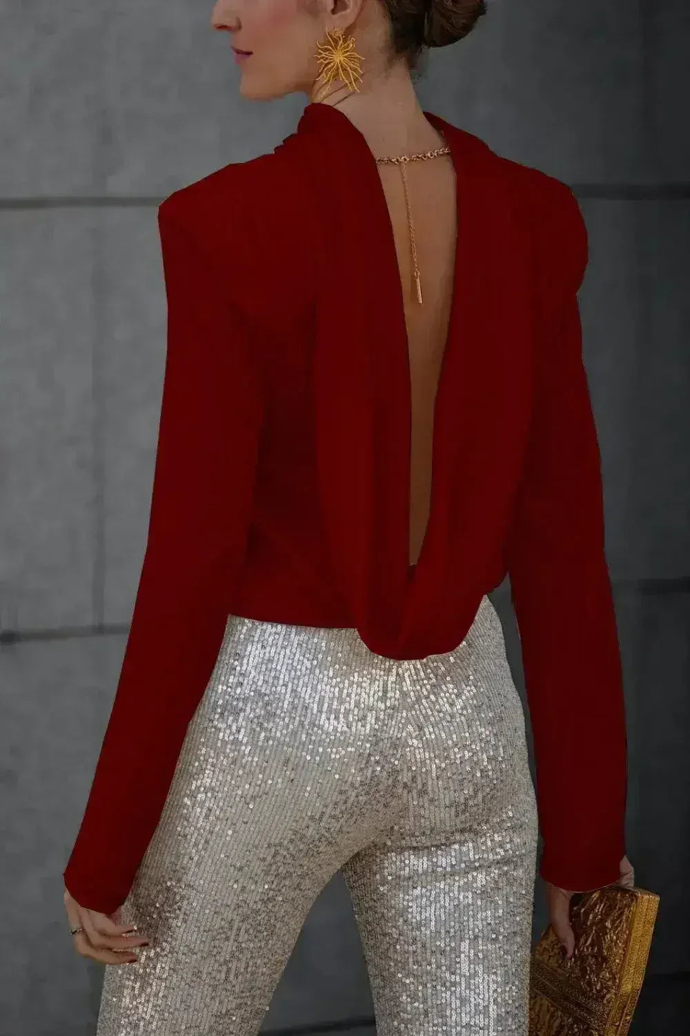 Backless Cowl Neck Long Sleeve Blouse – Elegant & Stylish | Femstylo - SJB-DIAMOND ELITES