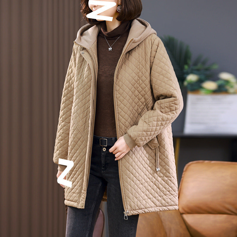 Women's Rhombus Cotton-padded Mid-length Loose Fleece-lined Pi-Mart
