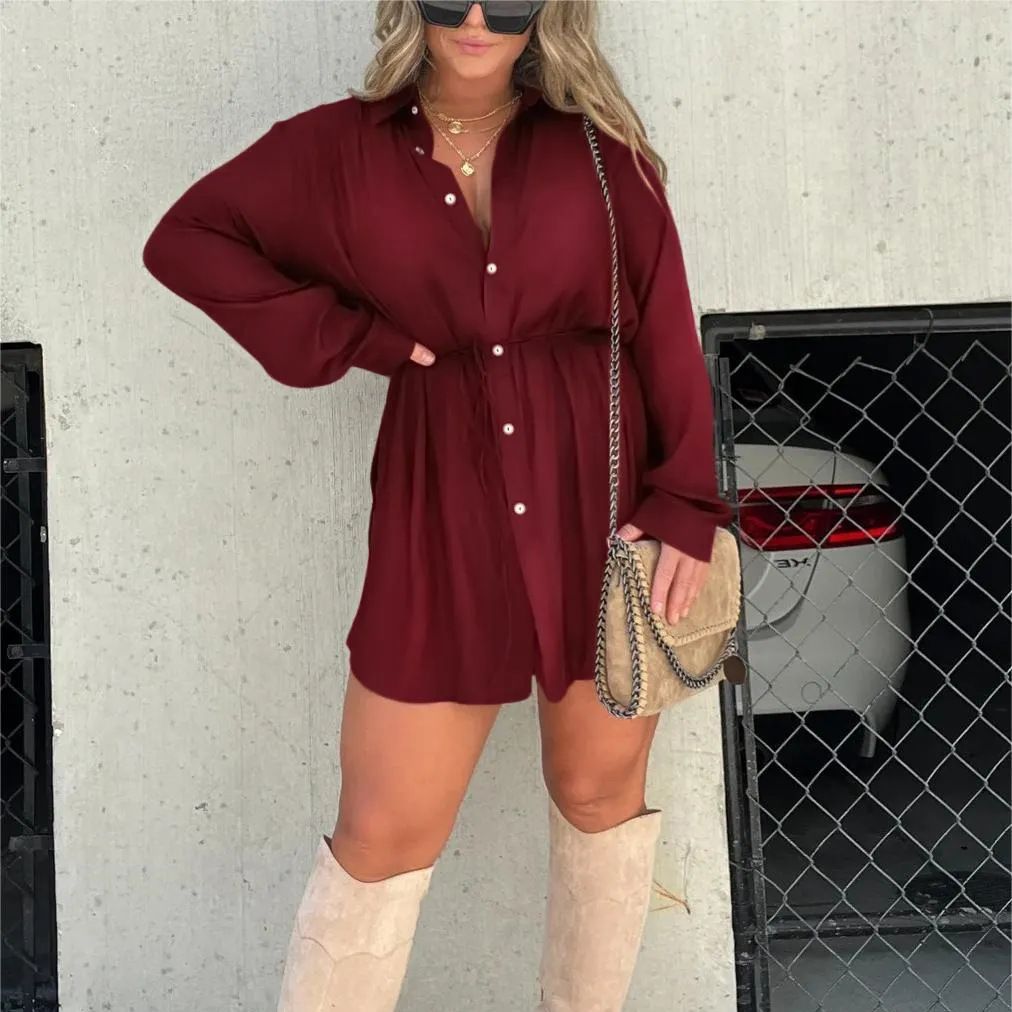 Women's Long Sleeve Jumpsuit With Button Fashion Shirt Dress Pi-Mart
