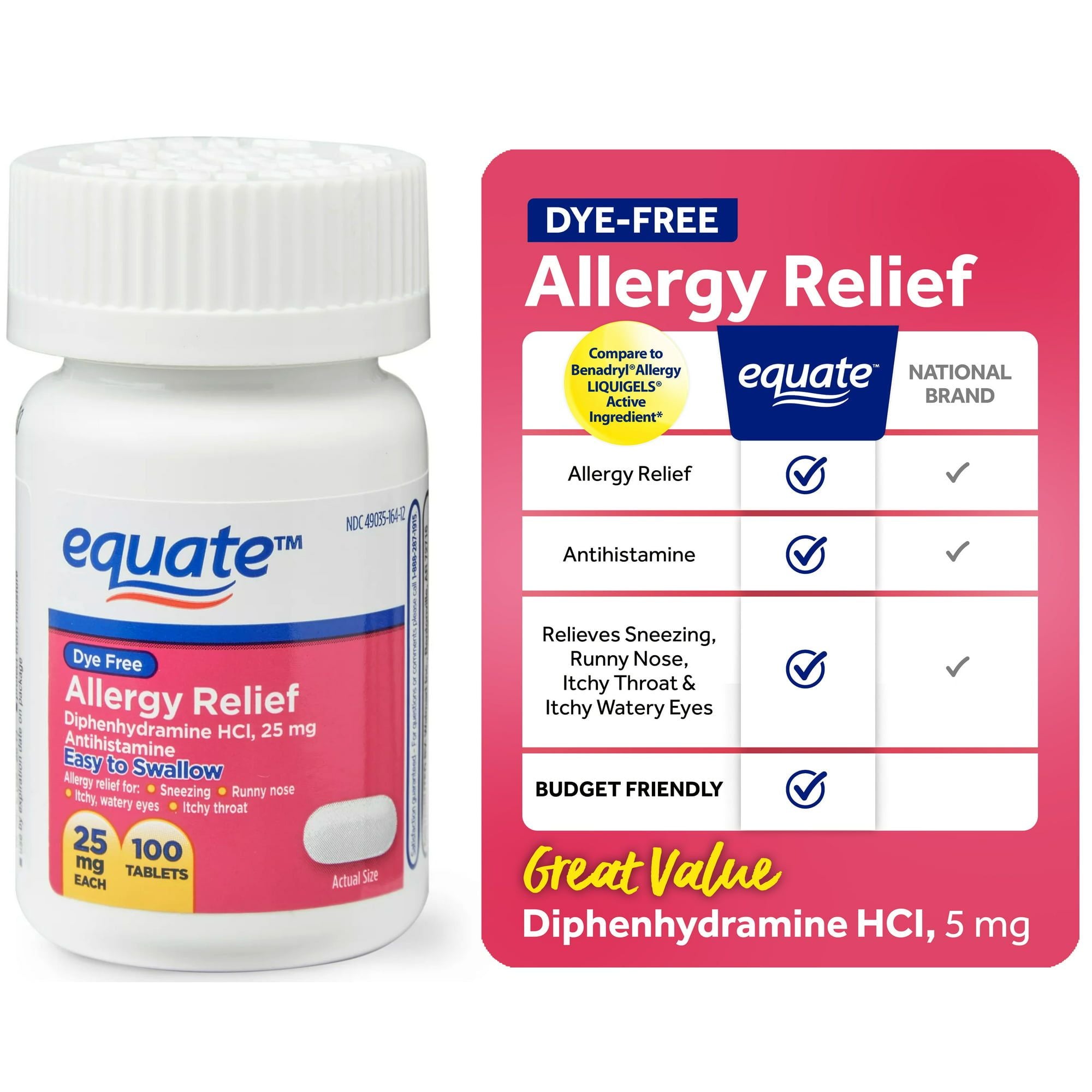 Equate Dye-Free Allergy Relief Medicine Tablets; 25 mg; 100 Count EasyOptionXY LLC
