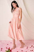 Ruched V-Neck Sleeveless Midi Dress For Women – Elegant and Chic Dress with Flattering Ruched Detailing and Sophisticated V-Neck