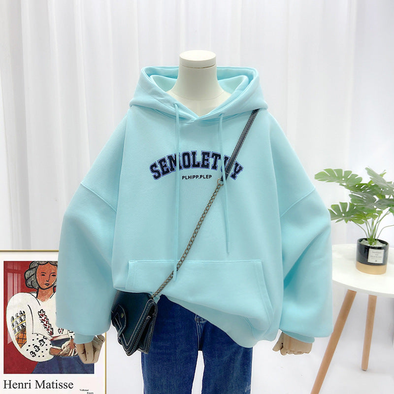 Ladies Sweatshirt Casual Hooded Large Pocket Print Letter Long Sleeve Top Pi-Mart