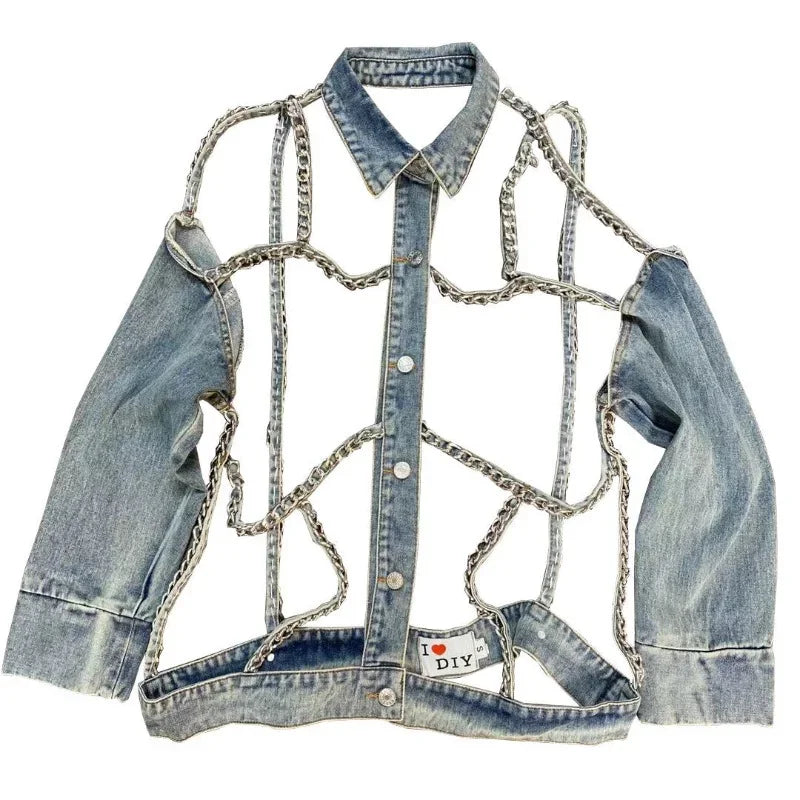 Denim Jacket 2023 Spring Summer Lapels Long Sleeve Chain Hollow Cool Handsome Street Denim Long Sleeve Jeans Jacket for Women Purplish Diva