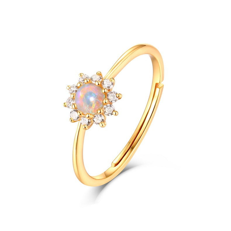 Opal White Zirconium Sun Flower 9K Gold Ring Pi-Mart