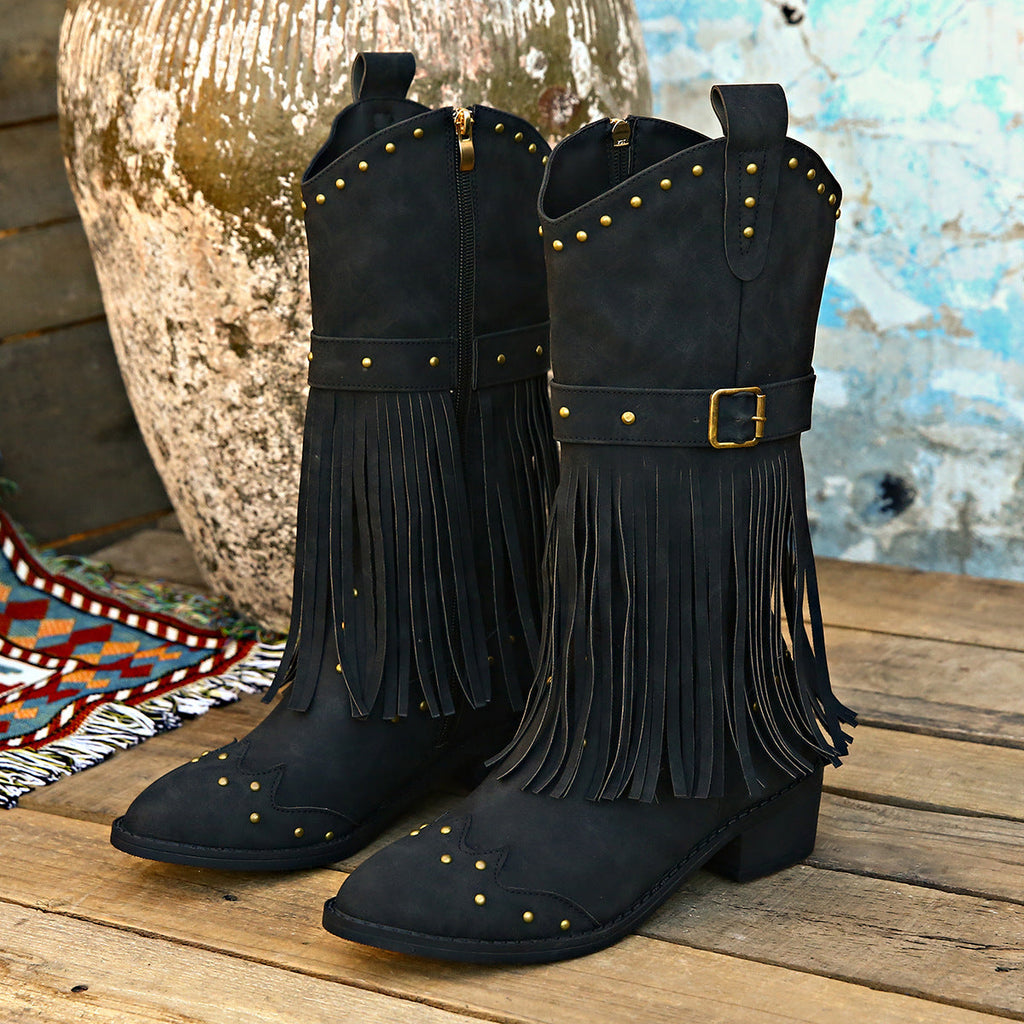 Retro Tassel Boots With Rivet Strap Buckle Design Shoes For Women Winter Footwear Fashion Mid-calf Square Heel Knight Western Boots Pi-Mart