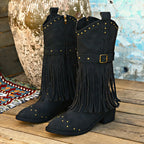 Retro Tassel Boots With Rivet Strap Buckle Design Shoes For Women Winter Footwear Fashion Mid-calf Square Heel Knight Western Boots Pi-Mart