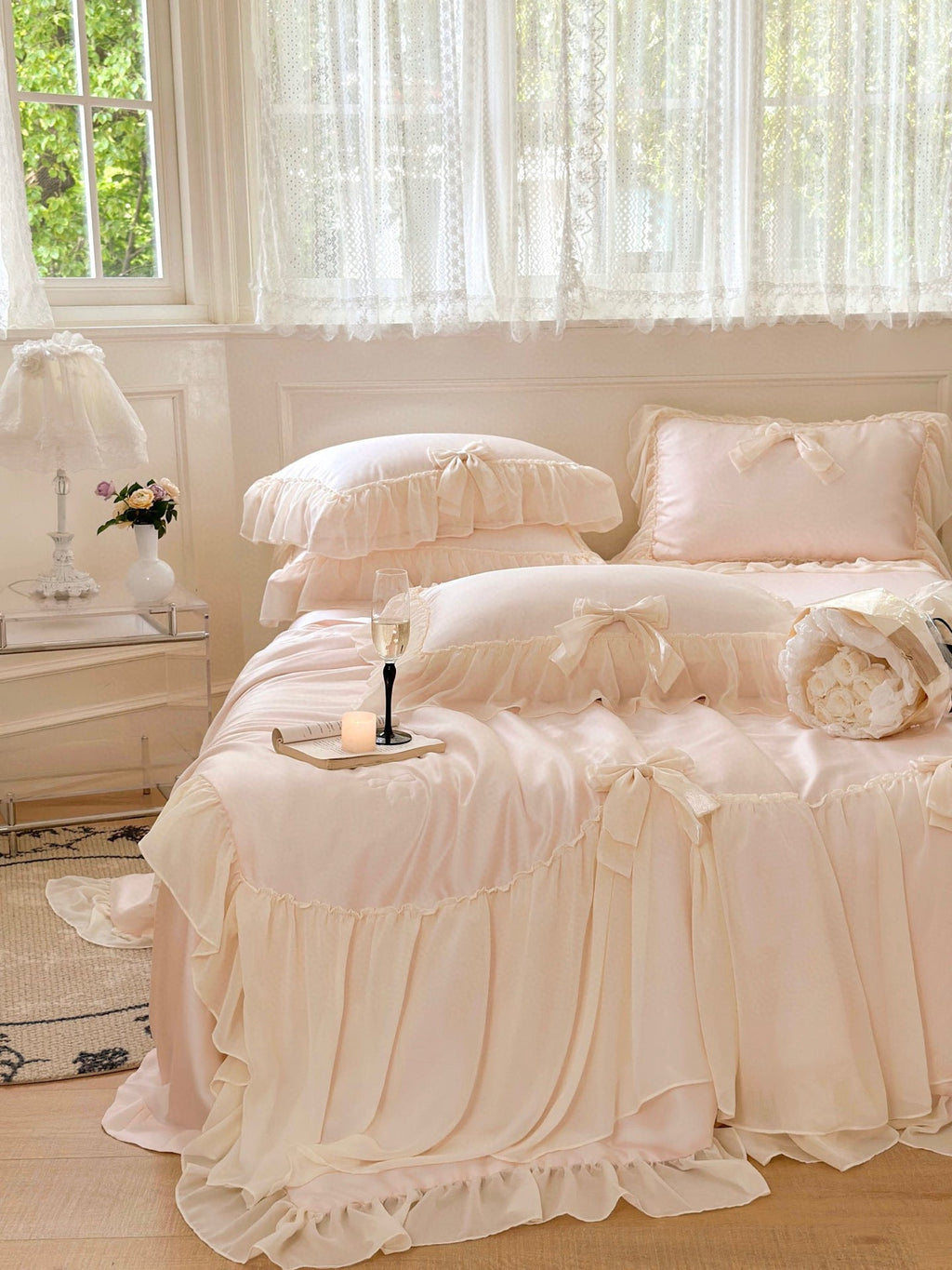 Pure Color Ruffles Princess Style Summer Quilt Tencel Summer Cooling Duvet Airable Cover Four-piece Set Pi-Mart