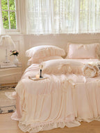 Pure Color Ruffles Princess Style Summer Quilt Tencel Summer Cooling Duvet Airable Cover Four-piece Set Pi-Mart