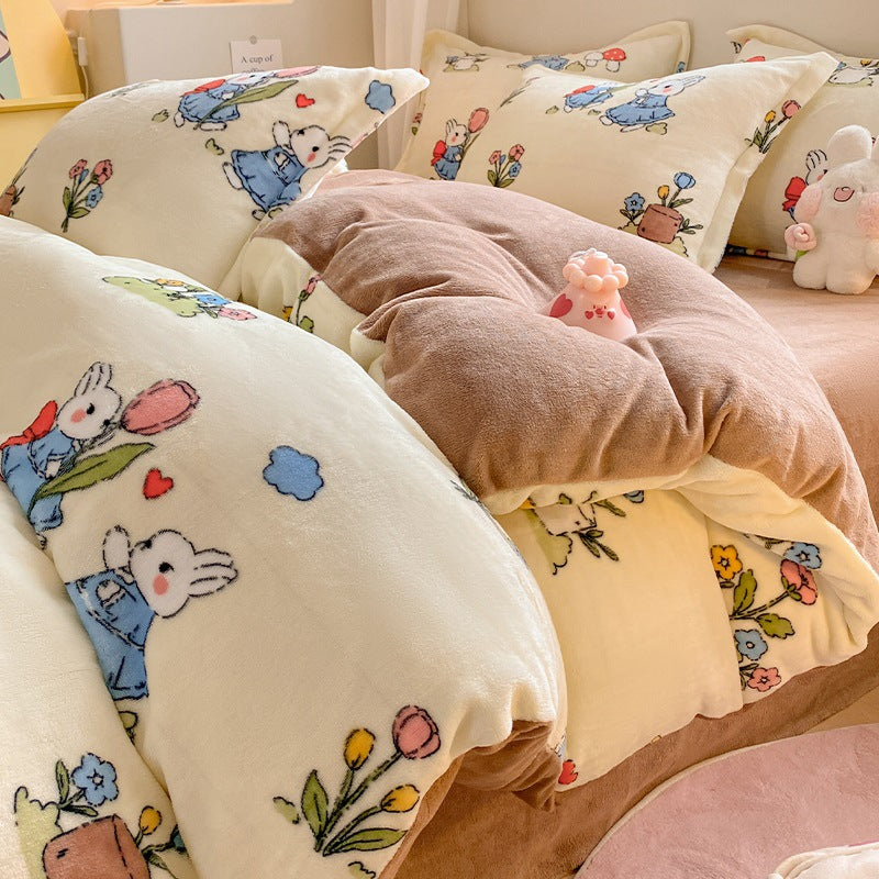 Winter Thickening Milk Fiber Bed Four-piece Coral Velvet Quilt Cover Flange Double-sided Bed Sheet Three-piece Bedding Pi-Mart