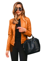 BOFETA Womens Fashion Solid Colour Jacket Zipper Front Faux Leather Jacket Soft Biker Jacket Orange M
