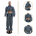 Denim Pant Set Women Two Piece Sets Turn Down Collar Mom Jeans Loose Casual Tops Wide Leg Long Pants High Waist Y2k Streetwear Purplish Diva
