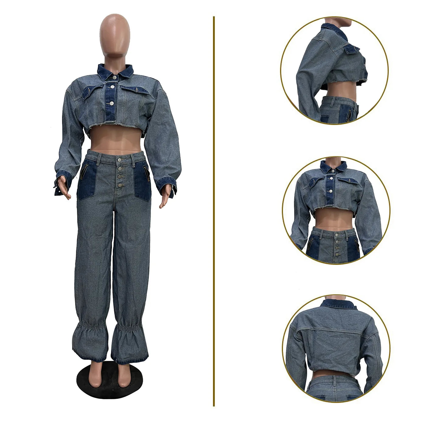 Denim Pant Set Women Two Piece Sets Turn Down Collar Mom Jeans Loose Casual Tops Wide Leg Long Pants High Waist Y2k Streetwear Purplish Diva