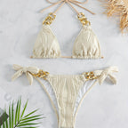 Bikini Ruched Texture Golden Chain 2 Piece Triangle Swimsuit for Women – Striped Halter Bikini Set with Bow Tie Side and Elegant Ring Link Detail – Stretchy Beachwear for Pool Bathing and Summer Vacations
