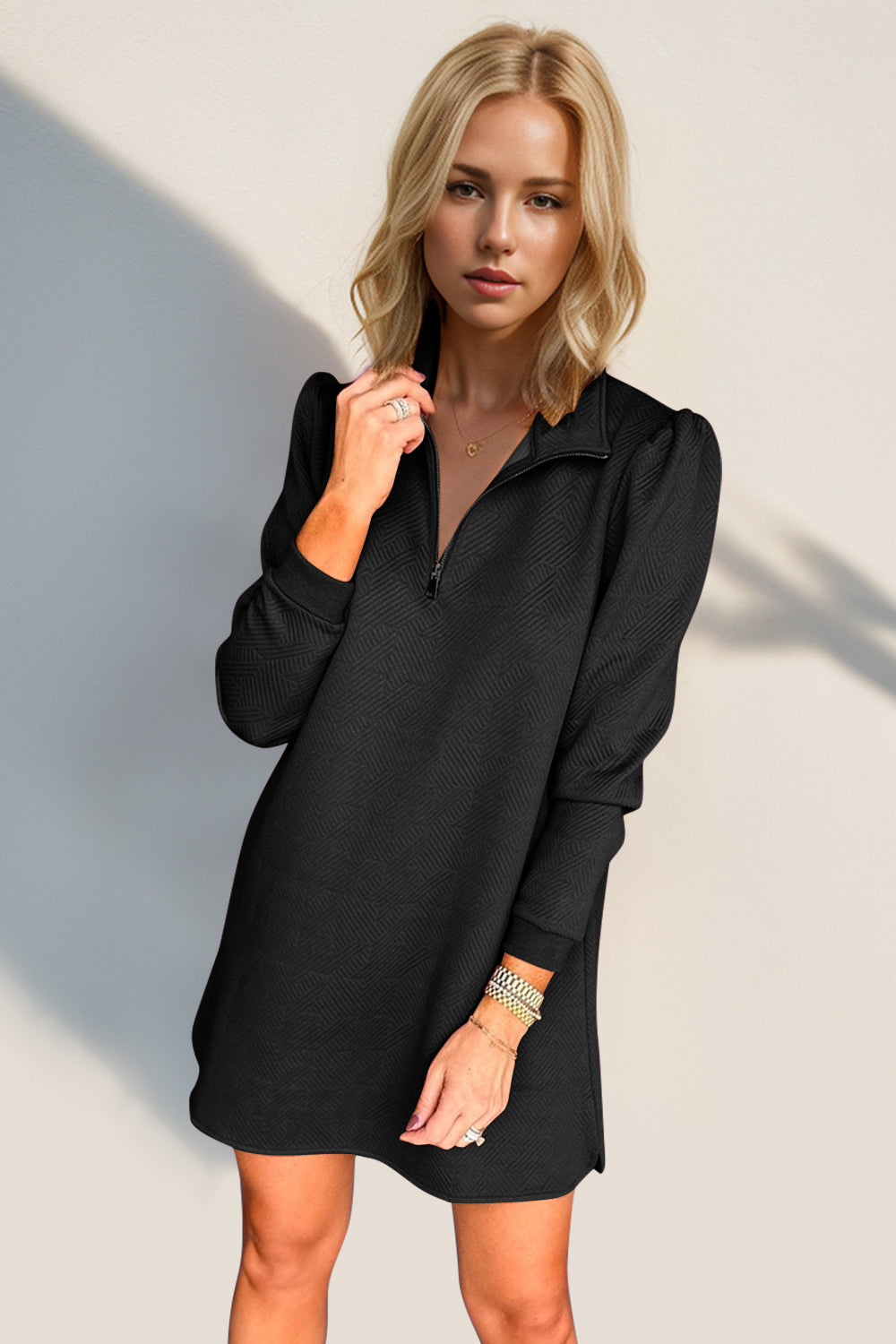 Double Take Textured Zip Long Sleeve Dress Classic Zip-Up Dress for Women Comfortable Outdoor Dress Stevvex