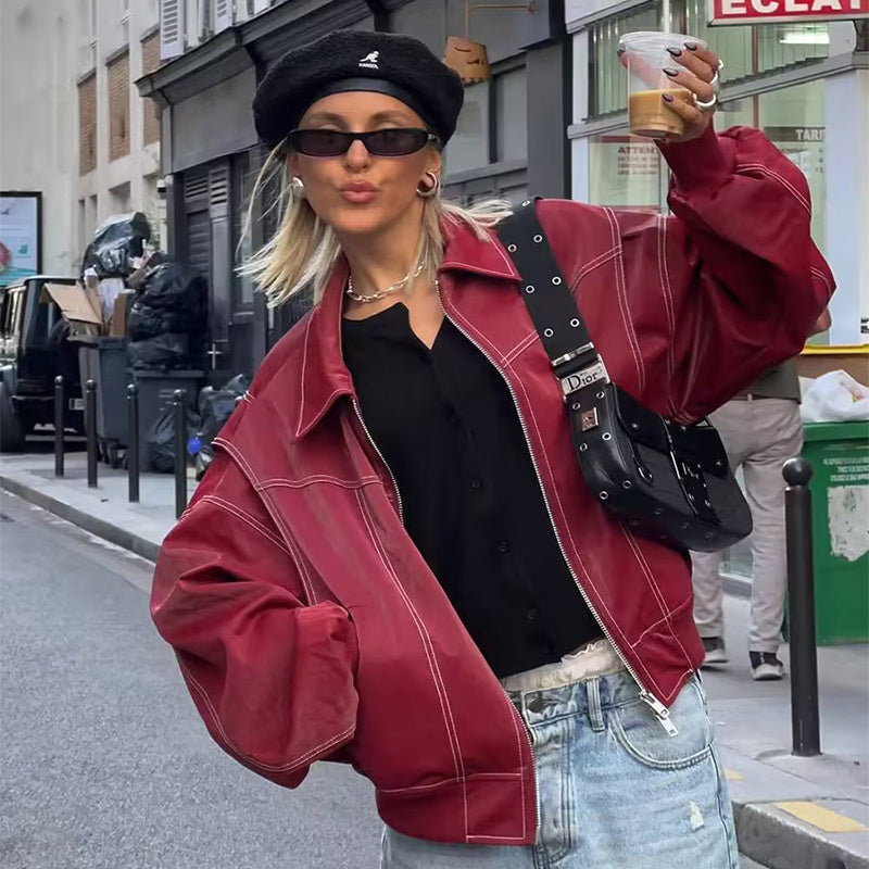 Loose Fashion Lapel Zip-up Jacket Cool Long Sleeve Zipper Closure Moto Biker Leather Jacket Womens Clothing Pi-Mart