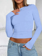 Solid Color Round Neck Long Sleeve T-Shirt THRIXINE