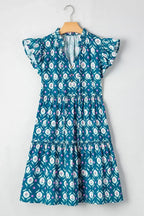 Blue Retro Floral Print Split Neck Ruffle Short Sleeve Dress
