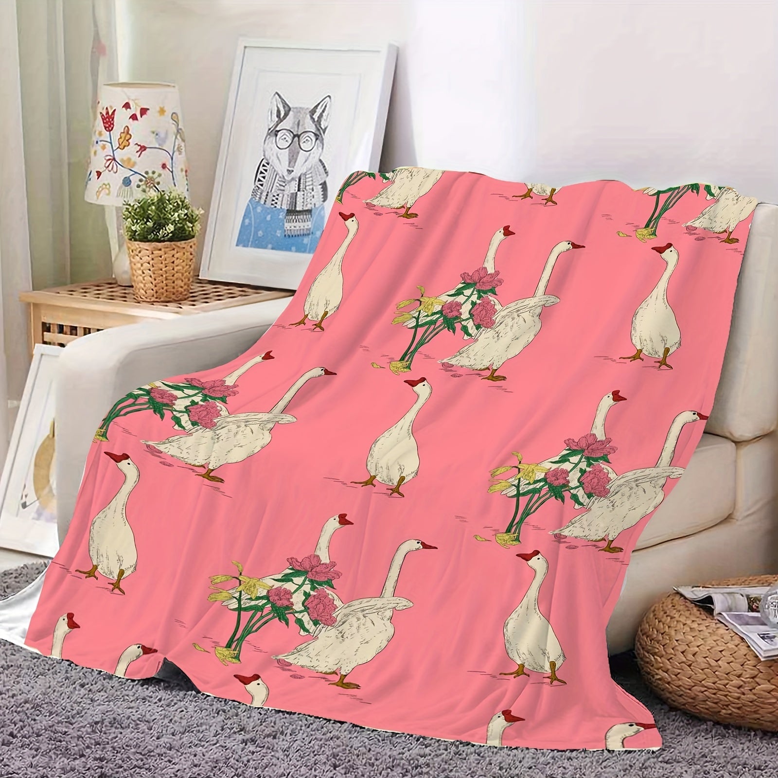 1pc Cartoon Garden Swan Print Blanket, Soft Warm Throw Blanket Nap Blanket For Couch Sofa Office Bed Camping Travel, Multi-purpose Gift Blanket For All Season Lootquake LLC