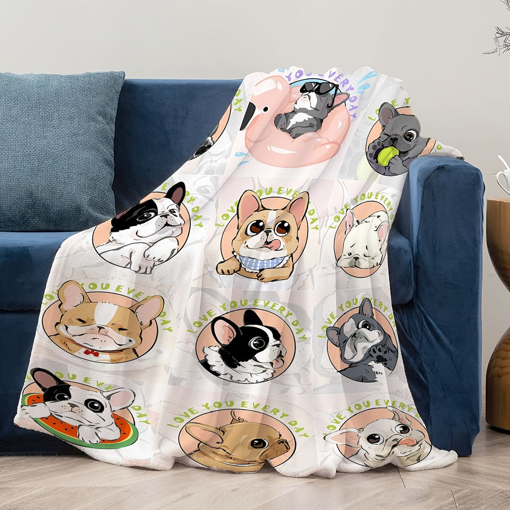 1pc Cute French Bulldog Gentle Blanket Soft Cozy Throw Blanket Nap Blanket Travel Couch Bed Office Home Decor, Gift Blanket, Available All Seasons