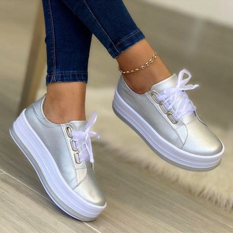 Fashion Flats Sneakers Women Ribbon Lace-up Platform Shoes Pi-Mart