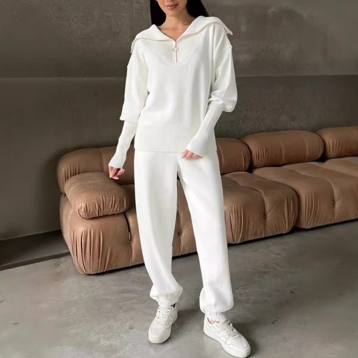 Long Sleeve Suit Zipper Lapel Top And Drawstring Trousers Fashion Casual Sports Clothing For Women Pi-Mart
